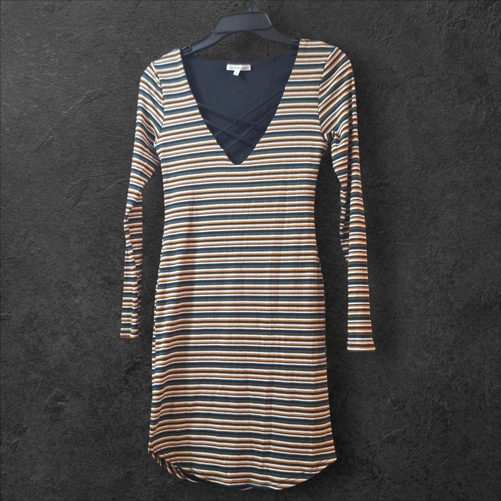 Charlotte Russe Black and Brown Striped Long Sleeve Dress